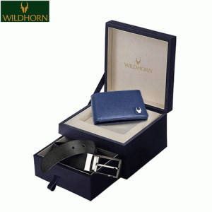 WILDHORN Nepal RFID Protected 100% Genuine Leather Wallet & Belt Exclusive Combo for Men (New Giftset 101 Blue Safiano with Black Belt)