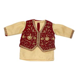Maroon Jari Floral Embroidered Bhoto,Waistcoat,Surwal,Cap, Jutti Pasni Set