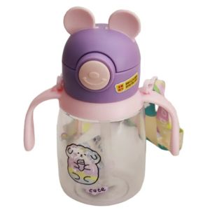 BPA Free Portable Bear Ears Straw Sipper School Water Bottle for Kids with Handle & Silicone Sleeve- 400ml