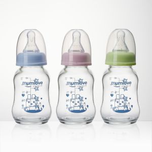Mumlove High Borosilicate Glass Body Arc Baby Feeding Anti-colic BPA Free Eco-friendly Food Grade 125ml Wonderful Silicone Nipple Bottle