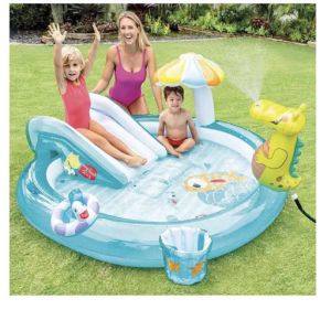 Kids Playing Swimming Pool With Slides & Water Sprinklers