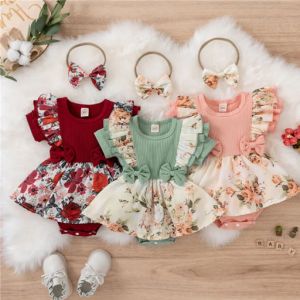 Baby Girl Floral Print Attached Romper With Frock + Headband Dress Set