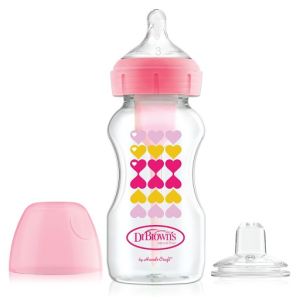 Dr. Brown's Options+ Wide-Neck Pink Deco Bottle w/ Sippy Spout (+L3 Nipple in Bottle), Single 9 oz/270ml WB91604-P3