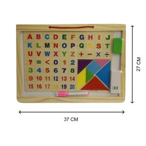 Wooden Frame Double Sided Magnetic White & Black Board with Tangram, Letters, Numbers, Mathematical Signs, Chalk, Duster & Marker for Kids