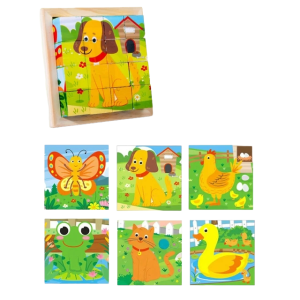 Cute Baby 6 In 1 Multi Puzzle Colorful Wooden Board, 16 Cubes with 6 Different Farm Animal Patterns Jigsaw Puzzle Early Educational Toys for Kids