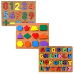 Wooden Educational Puzzle Combo Set (Numerical Numbers, Geometric Shapes, English Alphabets Capital Letter) Early Learning Montessori Toy for Kids