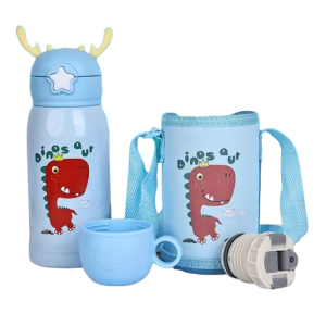 2 In 1 Stainless Steel Cartoon Antler Portable Straw Sipper Thermos Bottle With Cover & Sleeve For Baby 500ml