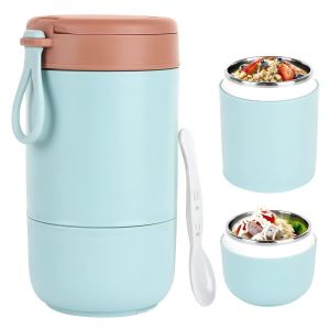 Stainless Steel Double Layer Thermal Jar Insulated Cylindrical Food Holder Lunch Box with Spoon730ml