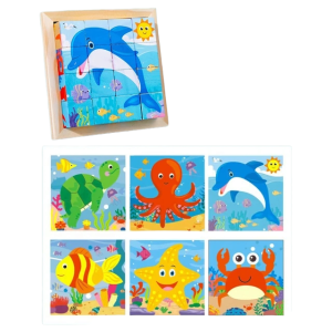 Cute Baby 6 In 1 Multi Puzzle Colorful Wooden Board, 16 Cubes with 6 Different Marine Animal Patterns Jigsaw Puzzle Early Educational Toys for Kids