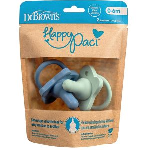 Dr Brown's  HappyPaci Silicone One-Piece Soother, Blue and Green, 2-Pack PS12008-INTL( 0-6m)